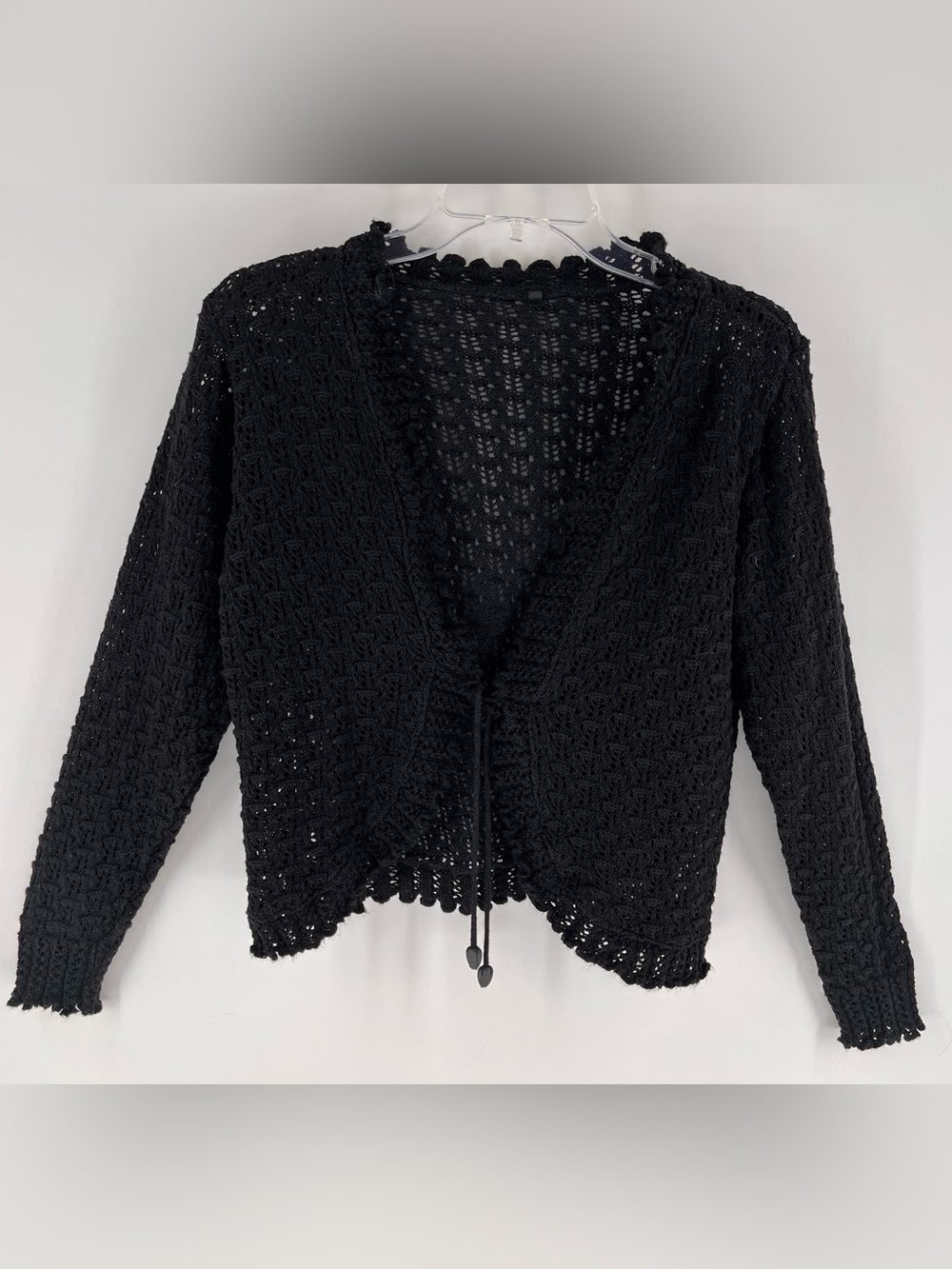 Black Crochet Front Tie Cardigan Bolero Open Knit Shrug Y2K Fairycore Coquette